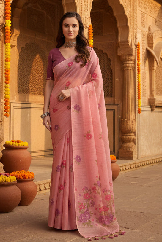 Women's blended_cotton floral motifs and woven buttas saree with unstitched blouse 5