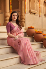 Load image into Gallery viewer, Women's Blended_Cotton Floral Motifs And Woven Buttas Saree With Unstitched Blouse 5.5Mtr (Pink)
