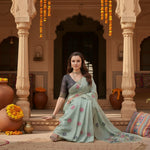 Load image into Gallery viewer, Women's Blended_Cotton Floral Motifs And Woven Buttas Saree With Unstitched Blouse 5.5Mtr (Teal)
