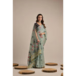 Load image into Gallery viewer, Women's Blended_Cotton Floral Motifs And Woven Buttas Saree With Unstitched Blouse 5.5Mtr (Teal)
