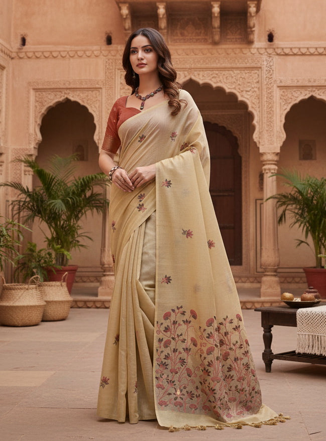 Women's blended_cotton floral saree with unstitched blouse 5