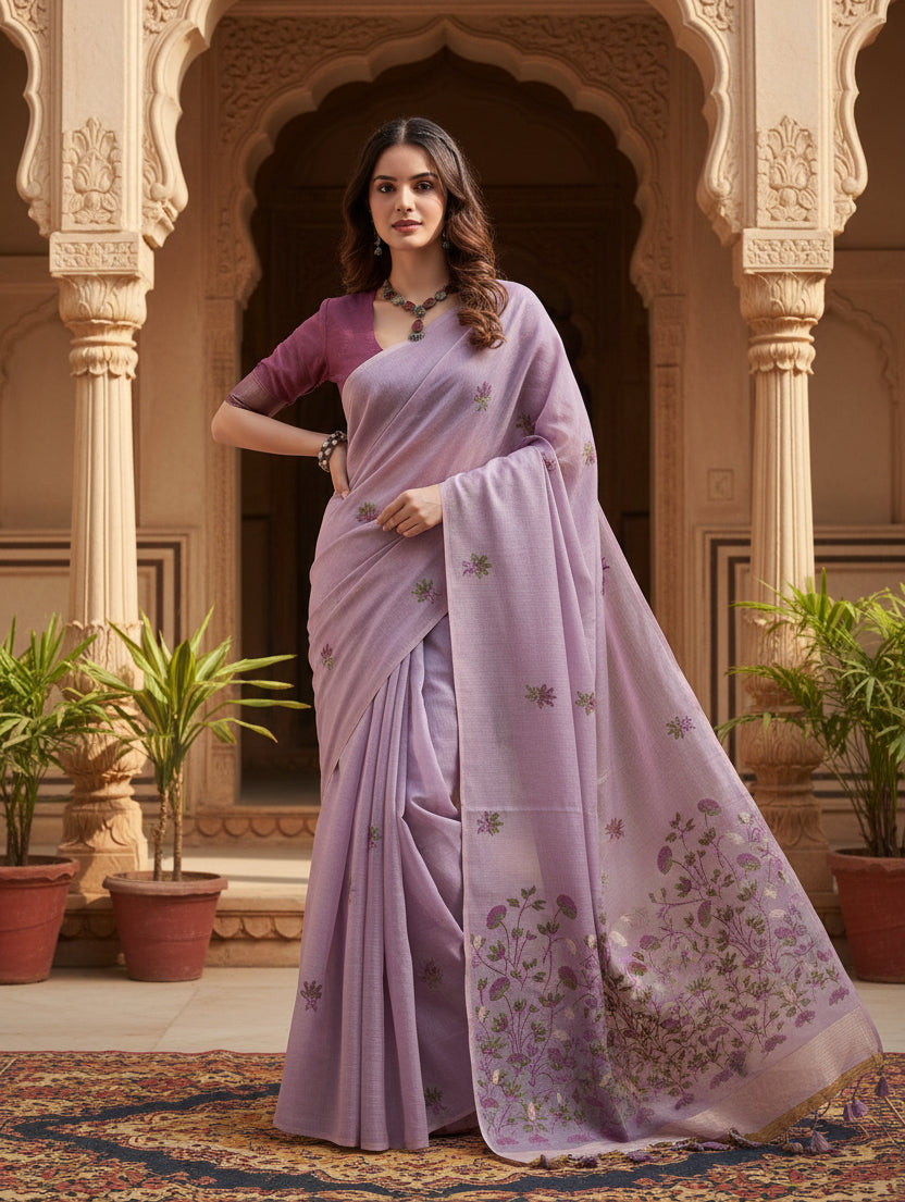 Women's blended_cotton floral saree with unstitched blouse 5