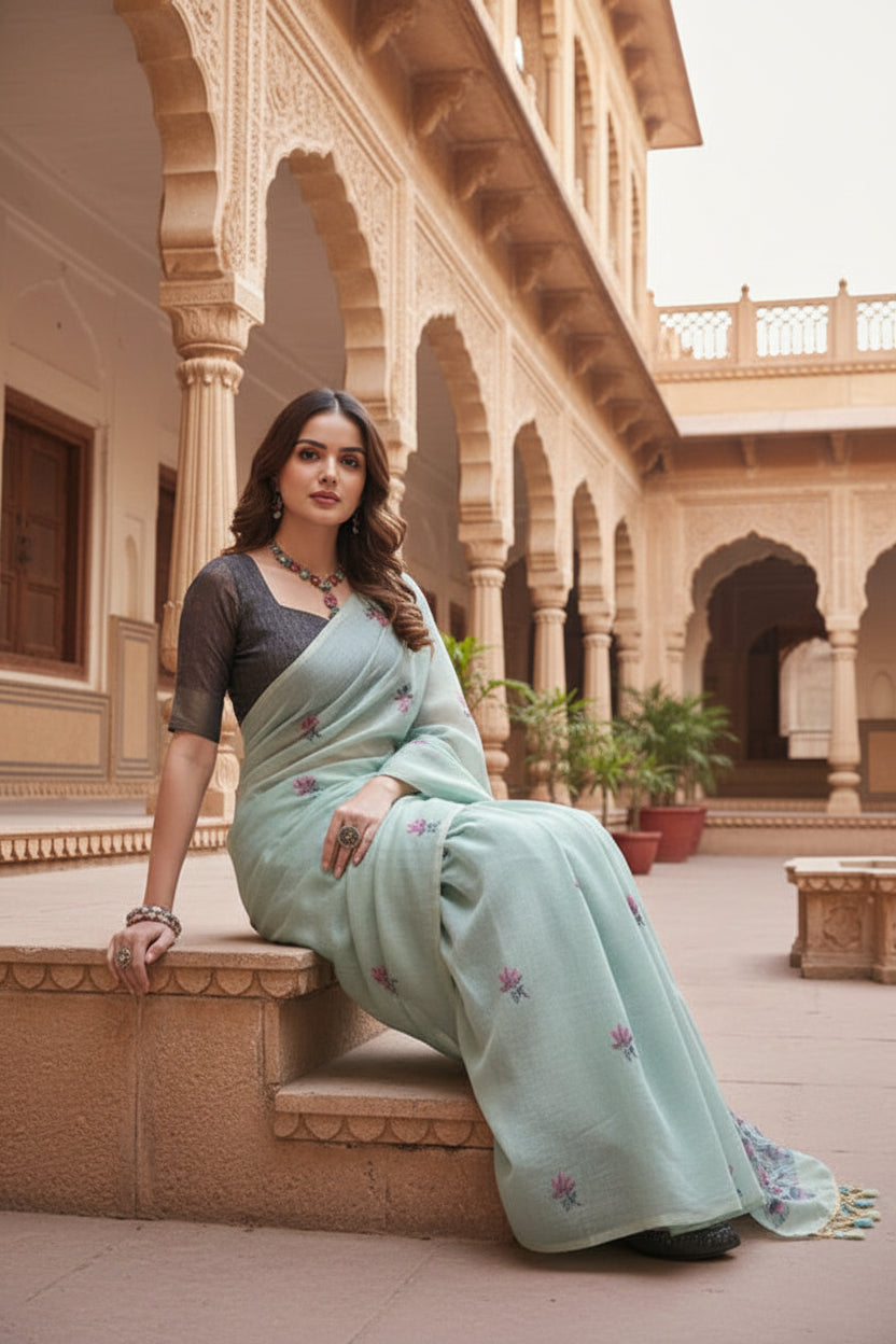 Women's Blended_Cotton Floral Saree With Unstitched Blouse 5.5Mtr (Aqua_Blue)