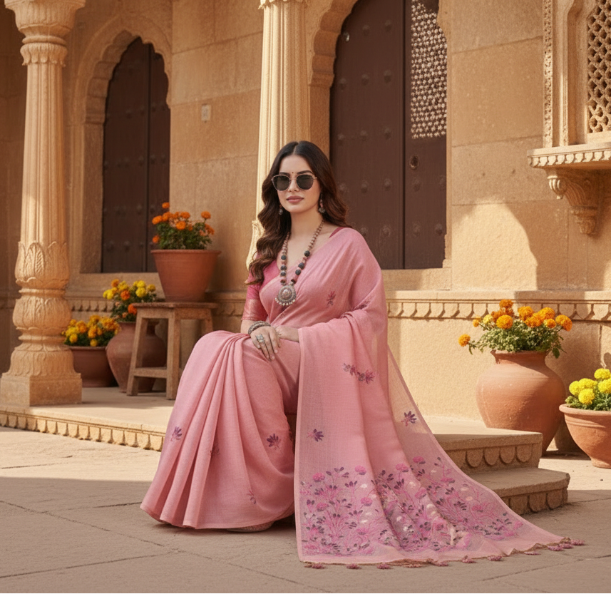 Women's blended_cotton floral saree with unstitched blouse 5