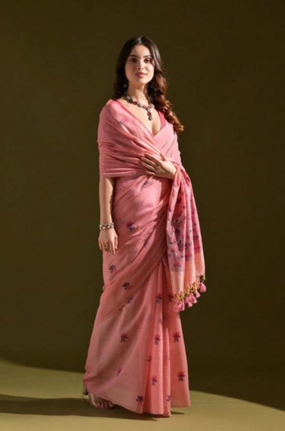 Women's Blended_Cotton Floral Saree With Unstitched Blouse 5.5Mtr (Pink)
