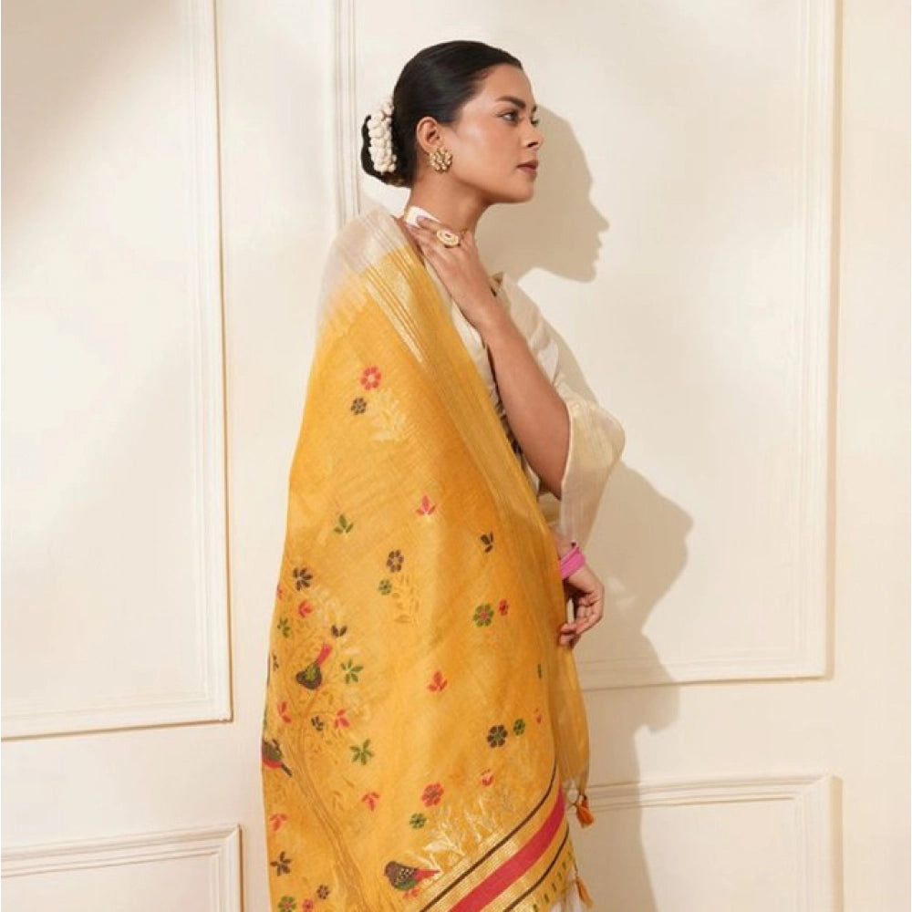 Women's Blended Cotton Woven Motifs Saree With Unstitched Blouse 5.5Mtr (Mustard)