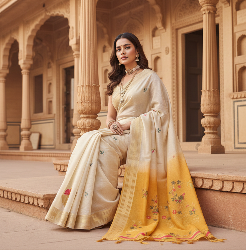 Women's Blended Cotton Woven Motifs Saree With Unstitched Blouse 5.5Mtr (Mustard)
