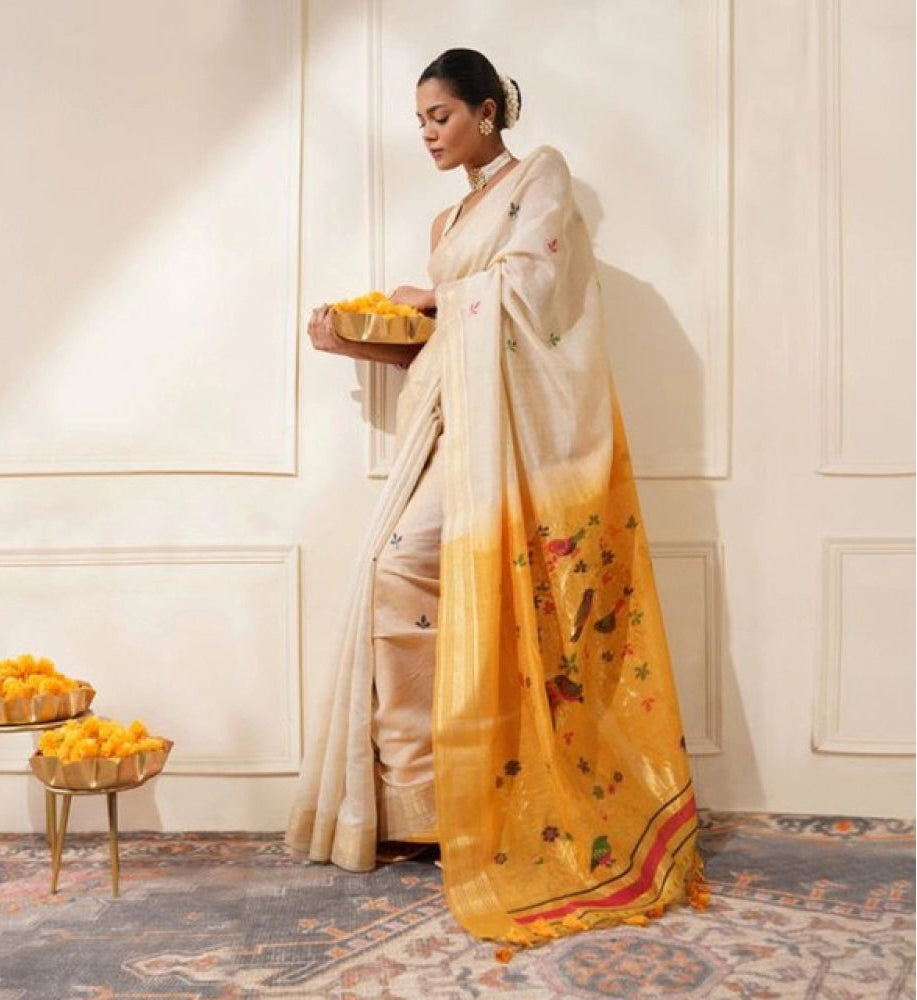 Women's Blended Cotton Woven Motifs Saree With Unstitched Blouse 5.5Mtr (Mustard)