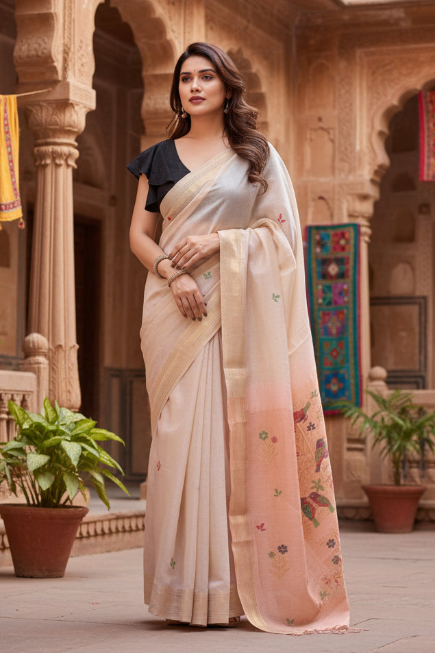 Women's Blended Cotton Woven Motifs Saree With Unstitched Blouse 5.5Mtr (Peach)