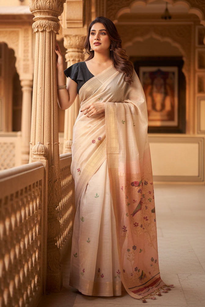 Women's Blended Cotton Woven Motifs Saree With Unstitched Blouse 5.5Mtr (Peach)