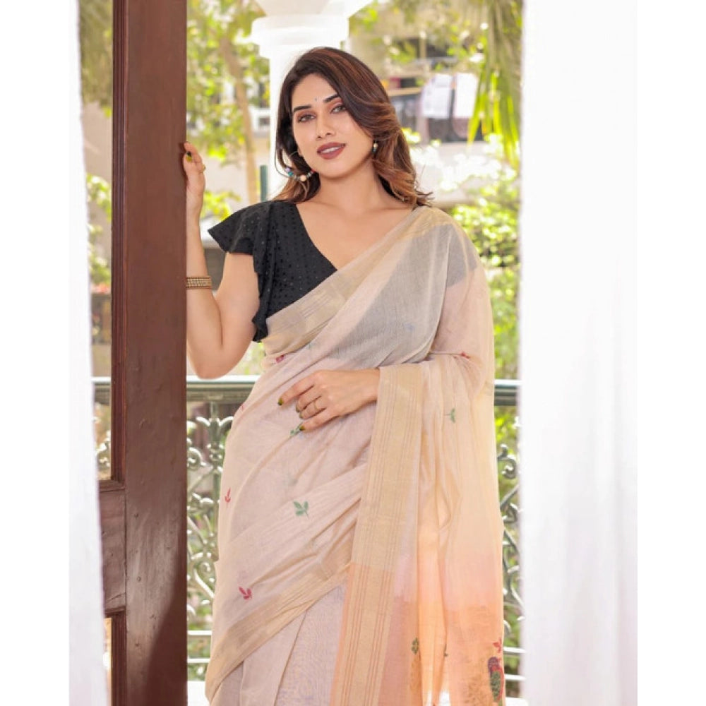 Women's Blended Cotton Woven Motifs Saree With Unstitched Blouse 5.5Mtr (Peach)