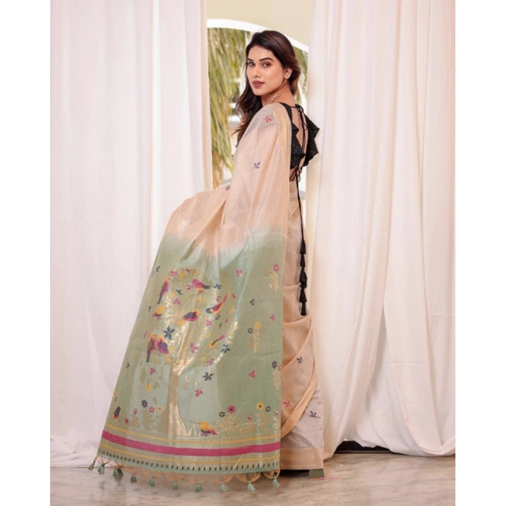 Women's Blended Cotton Woven Motifs Saree With Unstitched Blouse 5.5Mtr (Rama_Green)