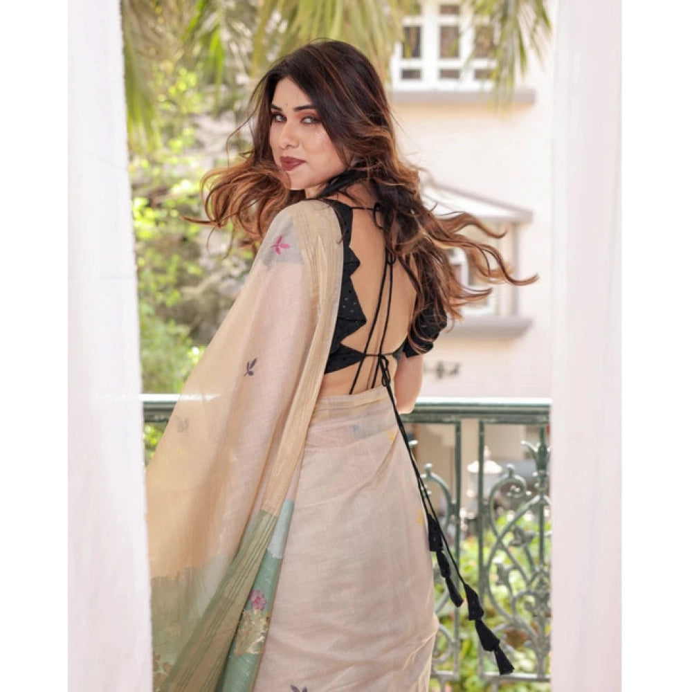 Women's Blended Cotton Woven Motifs Saree With Unstitched Blouse 5.5Mtr (Rama_Green)