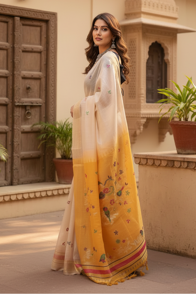Women's Blended Cotton Woven_Motifs Saree With Unstitched Blouse 5.5Mtr (Yellow)