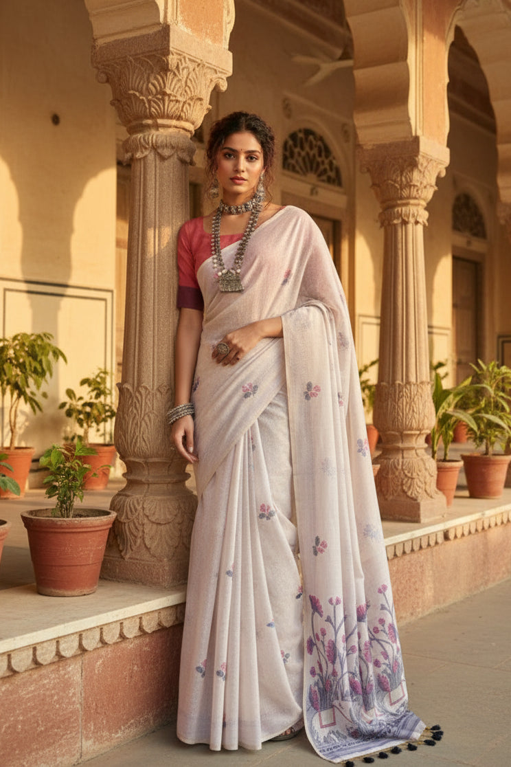 Women's Blended Cotton Floral Weaving Pattern Saree With Unstitched Blouse 5.5Mtr (Blue)