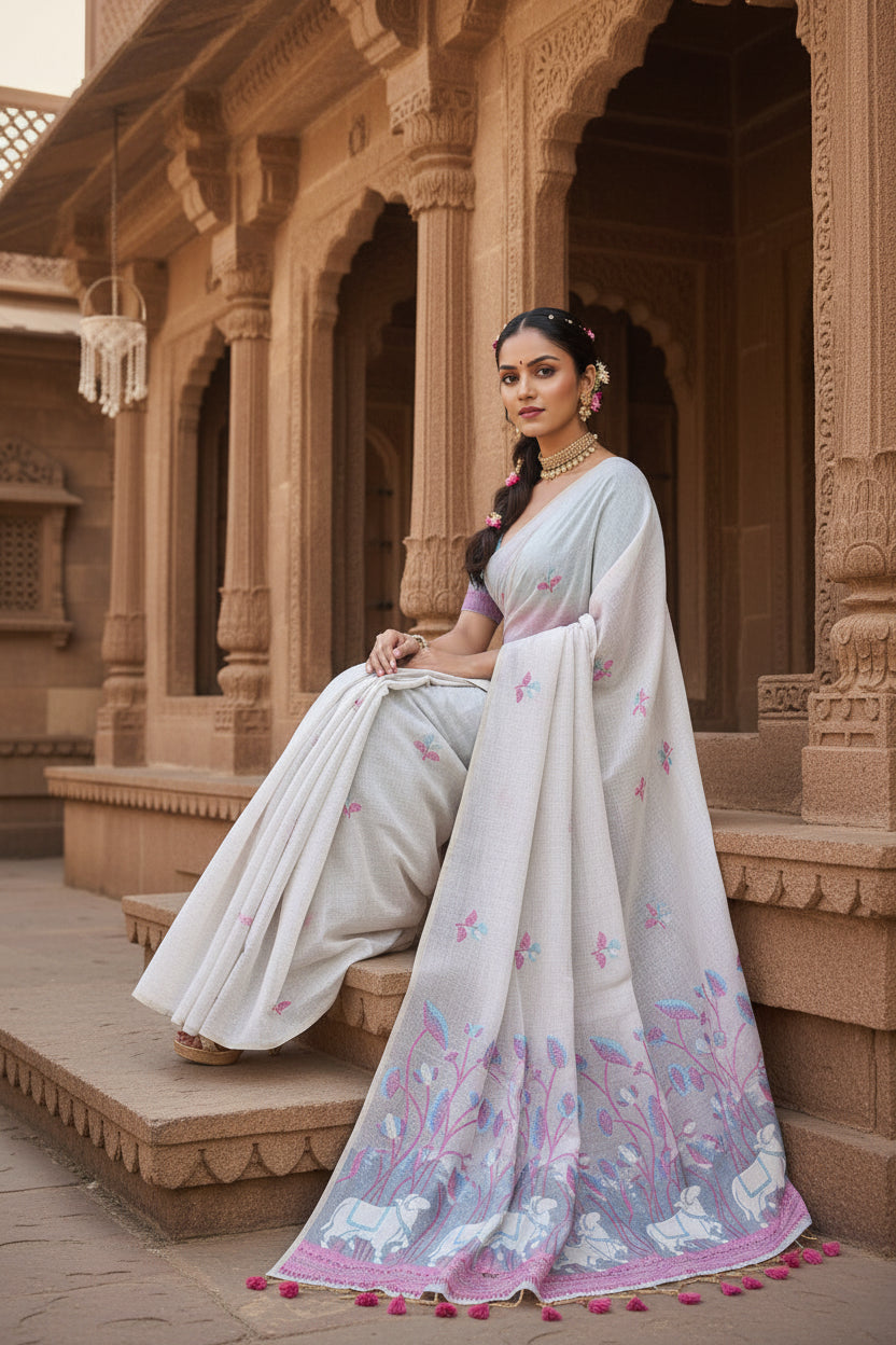 Women's blended cotton floral weaving pattern saree with unstitched blouse 5