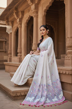 Load image into Gallery viewer, Women's Blended Cotton Floral Weaving Pattern Saree With Unstitched Blouse 5.5Mtr (Pink)
