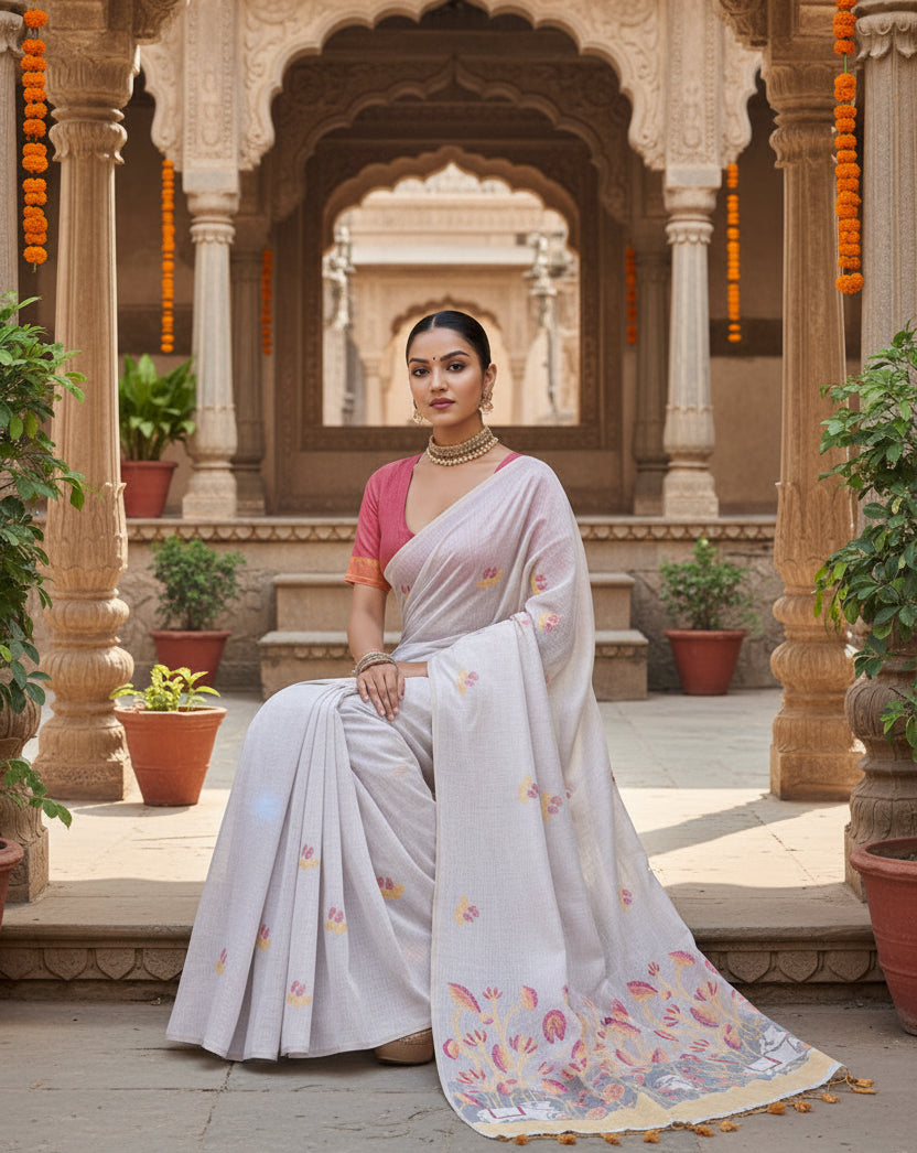 Women's Blended_Cotton Floral Weaving Pattern Saree With Unstitched Blouse 5.5Mtr (Yellow)