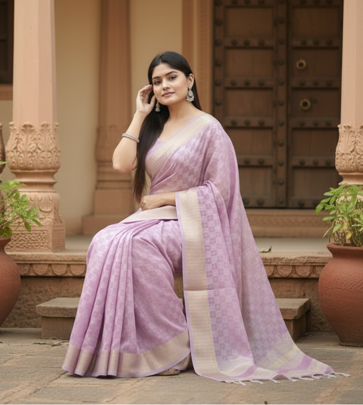 Women's Silk Blend Checked Saree With Unstitched Blouse 5.5Mtr (Lavender)