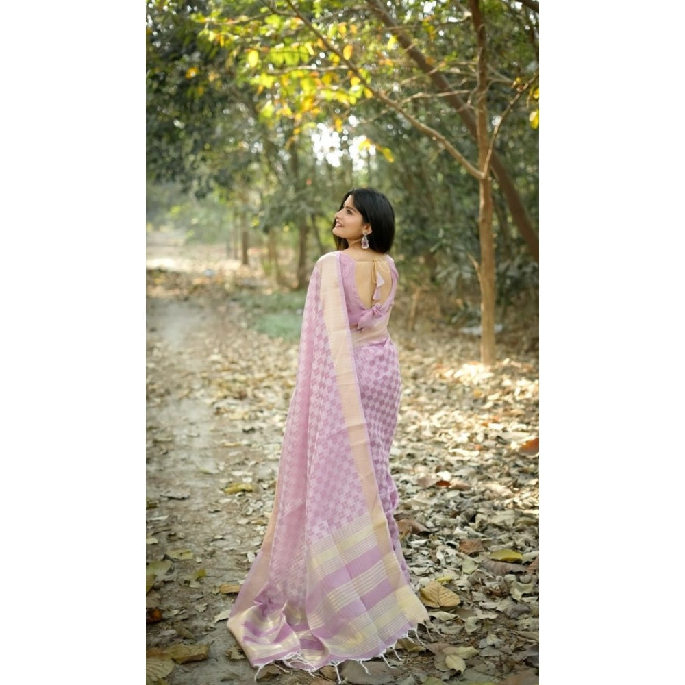 Women's Silk Blend Checked Saree With Unstitched Blouse 5.5Mtr (Lavender)