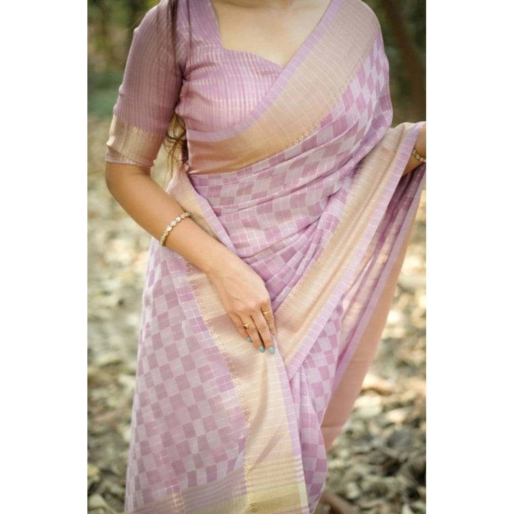 Women's Silk Blend Checked Saree With Unstitched Blouse 5.5Mtr (Lavender)