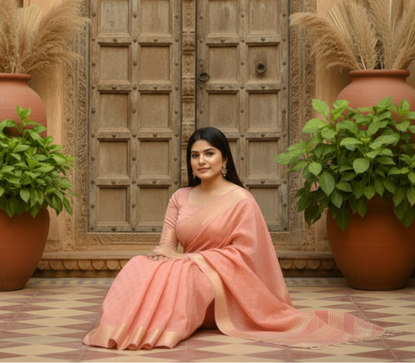 Women's Silk Blend Checked Saree With Unstitched Blouse 5.5Mtr (Peach)