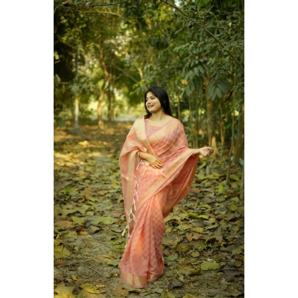 Women's Silk Blend Checked Saree With Unstitched Blouse 5.5Mtr (Peach)