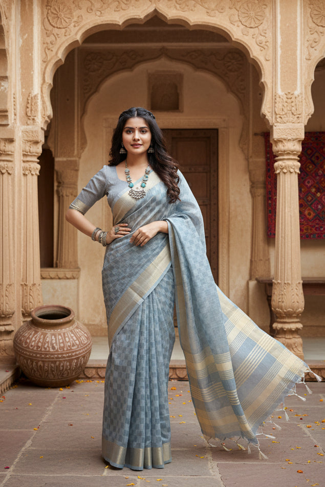 Pid 65707 generic women s silk blend checked saree with unstitched blouse 5 5 mtr sky blue 2 1000x1000