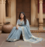 Load image into Gallery viewer, Women's Silk Blend Checked Saree With Unstitched Blouse 5.5Mtr (Sky_Blue)
