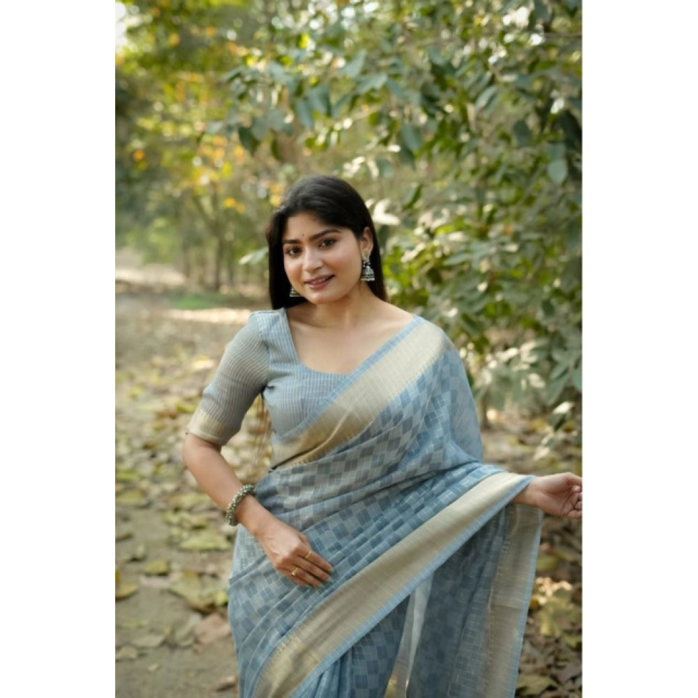 Women's Silk Blend Checked Saree With Unstitched Blouse 5.5Mtr (Sky_Blue)