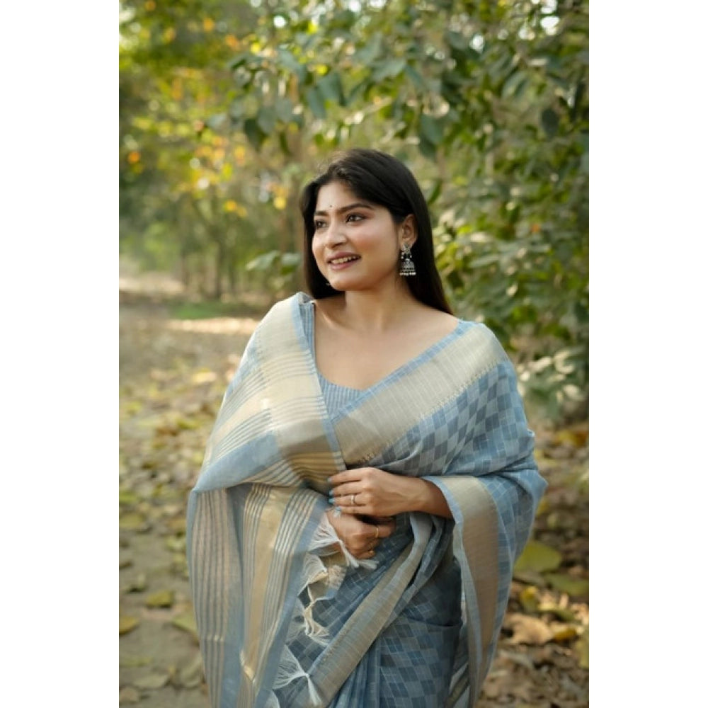 Women's Silk Blend Checked Saree With Unstitched Blouse 5.5Mtr (Sky_Blue)