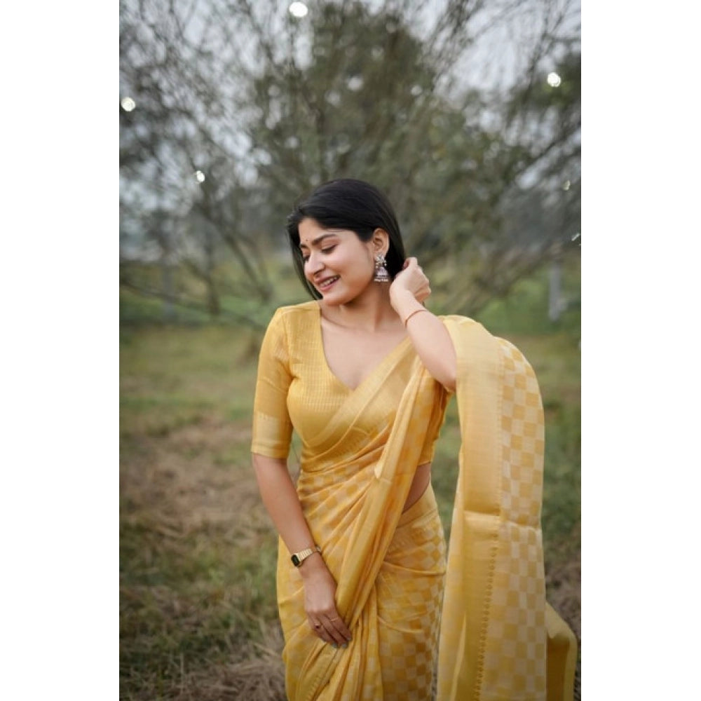 Women's Silk Blend Checked Saree With Unstitched Blouse 5.5Mtr (Yellow)