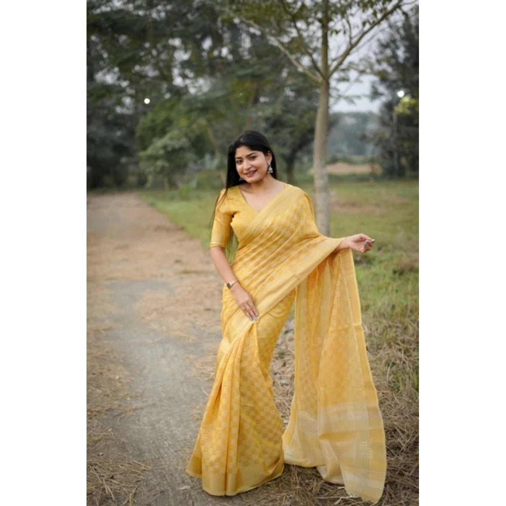 Women's Silk Blend Checked Saree With Unstitched Blouse 5.5Mtr (Yellow)