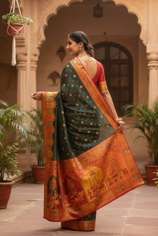 Women's Faux Banarasi Woven Motifs Saree With Unstitched Blouse 5.5Mtr (Dark_Green)