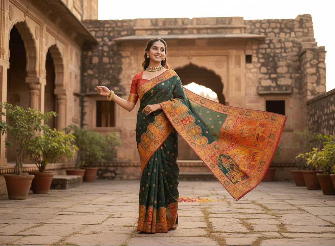 Women's Faux Banarasi Woven Motifs Saree With Unstitched Blouse 5.5Mtr (Dark_Green)