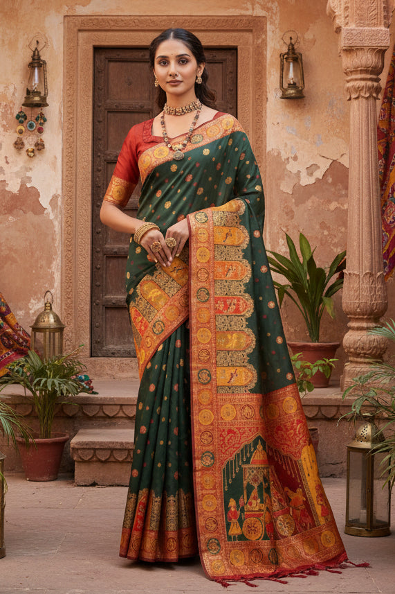 Women's faux banarasi woven motifs saree with unstitched blouse 5
