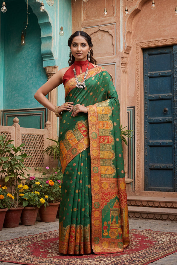 Women's Faux Banarasi Woven Motifs Saree With Unstitched Blouse 5.5Mtr (Green)