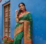 Load image into Gallery viewer, Women's Faux Banarasi Woven Motifs Saree With Unstitched Blouse 5.5Mtr (Green)
