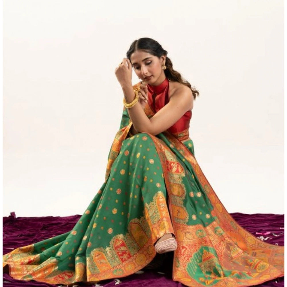 Women's Faux Banarasi Woven Motifs Saree With Unstitched Blouse 5.5Mtr (Green)