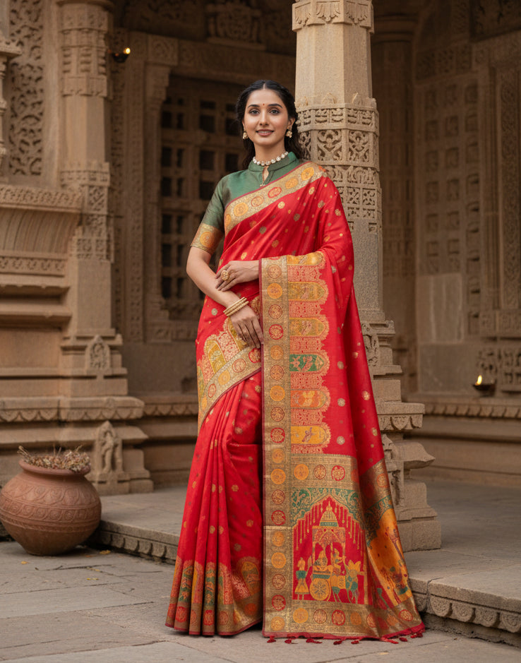 Women's Faux Banarasi Woven Motifs Saree With Unstitched Blouse 5.5Mtr (Orange)