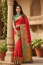 Load image into Gallery viewer, Women's Faux Banarasi Woven Motifs Saree With Unstitched Blouse 5.5Mtr (Orange)
