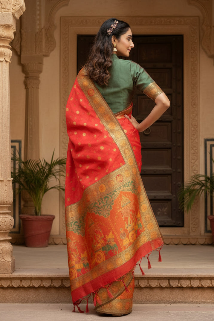 Women's Faux Banarasi Woven Motifs Saree With Unstitched Blouse 5.5Mtr (Orange)