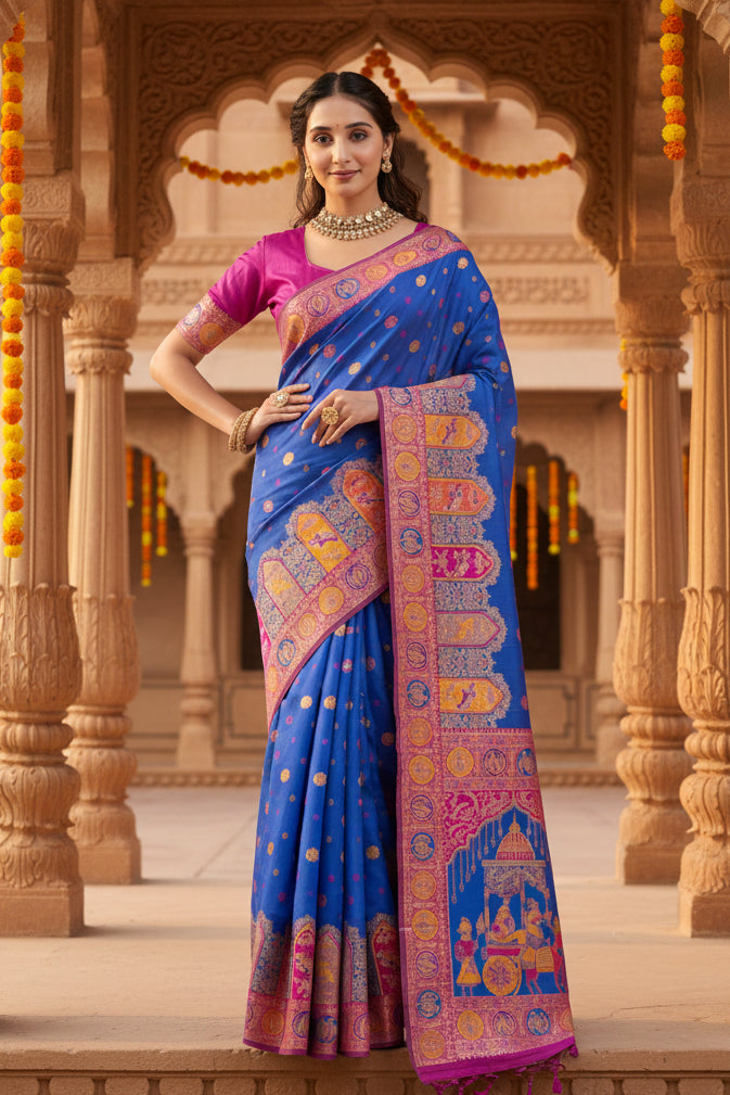 Women's Faux Banarasi Woven Motifs Saree With Unstitched Blouse 5.5Mtr (Royal_Blue)