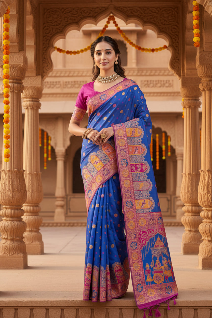 Women's Faux Banarasi Woven Motifs Saree With Unstitched Blouse 5.5Mtr (Royal_Blue)