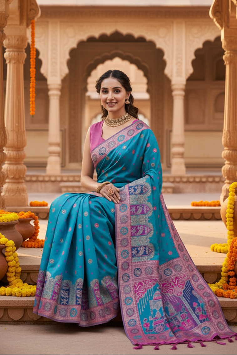Women's Faux Banarasi Woven Motifs Saree With Unstitched Blouse 5.5Mtr (Teal)