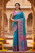 Load image into Gallery viewer, Women's Faux Banarasi Woven Motifs Saree With Unstitched Blouse 5.5Mtr (Teal)
