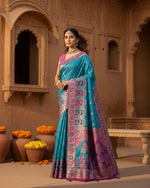 Load image into Gallery viewer, Women's Faux Banarasi Woven Motifs Saree With Unstitched Blouse 5.5Mtr (Teal)
