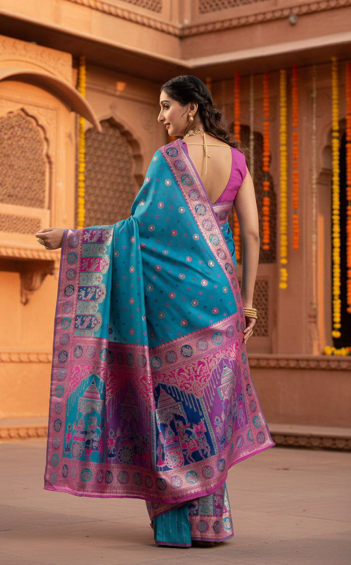 Women's Faux Banarasi Woven Motifs Saree With Unstitched Blouse 5.5Mtr (Teal)