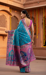 Load image into Gallery viewer, Women's Faux Banarasi Woven Motifs Saree With Unstitched Blouse 5.5Mtr (Teal)
