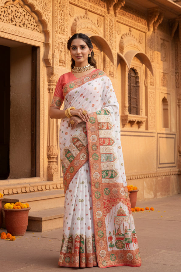 Women's faux banarasi woven motifs saree with unstitched blouse 5